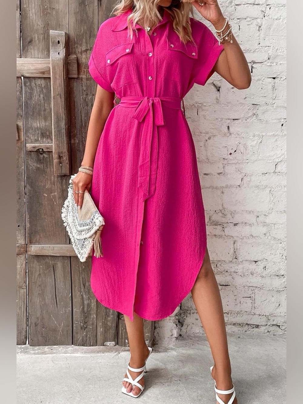 Hot Pink Midi Dress with Waist Tie, size L, like new